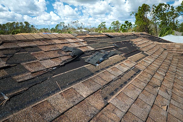 A severely damaged brown shingled roof in Minnetonka, MN