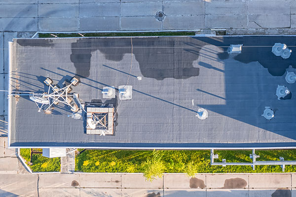 Aerial view of a gray commercial roof in Minnetonka Minnesota