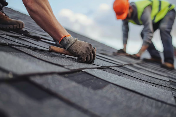 a person using a hammer to lay shingles on a roof in Minnetonka, MN